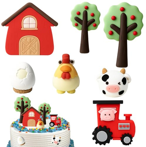 Bauernhof Geburtstag Deko, 7 teilige Tortendekoration Set mit Traktor, Kuh, Häuschen und mehr, perfekt für Kindergeburtstag und DIY Kuchen, Bauernhof Deko, bunt und kindgerecht