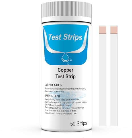 VANSUKY 50 Bandelettes de Test Cuivre – Haute Sensibilité 0–2 mg/L (ppm) avec 8 Niveaux (0, 0,05, 0,1, 0,2, 0,4, 1, 1,5, 2) – Analyse précise de l’eau pour Eau potable, Aquarium, Piscine & Laboratoire