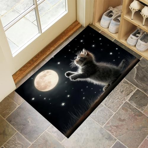 CEDNXOER Schwarz Fußmatte Innen 50x70 cm Süße Tiere, Waschbar Eingangsteppich, Katze Kratzt Am Mond Schmutzfangmatte rutschfest, Kurzflor Türmatte Teppich für Eingang, Haustür, Flur