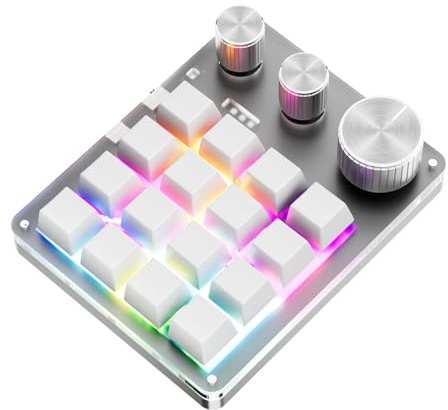 Tosuny Programmable Macro Keyboard, 16 Keys Bluetooth Gaming Keypad with 3 Knobs & Volume Controller, RGB LED Backlight OSU Macro Keyboard for WINDOWS, OS X (with USB C Cable) (White)