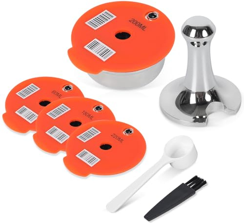 Reusable Coffee Pods for Ta*ssimo with Tamper Stainless Steel Ta*ssimo Reusable Pods Refillable Coffee Capsules with 4 Yellow Silicone Lids 60/180/200/220 Ml Compatible for Ta-Ssimo Machine