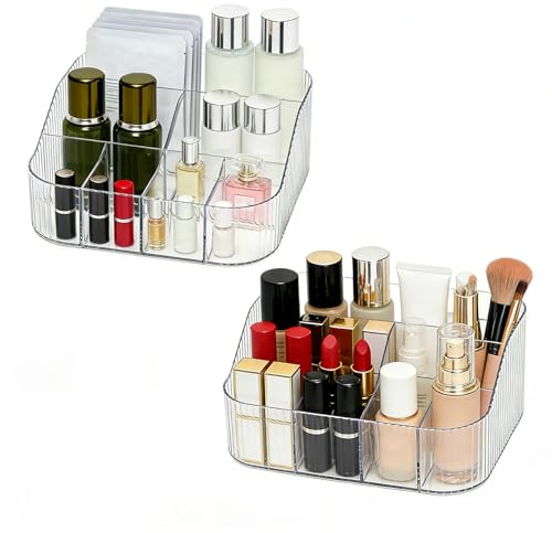 Keboyoe 2 piezas Organizador de Maquillaje 7 Compartimentos Organizador de Maquillaje Organizador de Brochas de Maquillaje Transparente para Guardar Cosméticos,Pinceles de Maquillaje,Barras de Labios | Maquillaje transparente organizador acrílico para tocador y baño, recipiente para pinceles, perfumes y cuidado de la piel