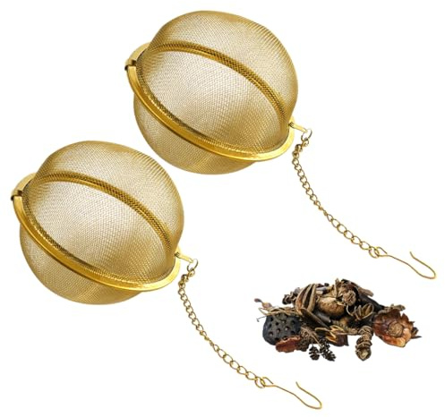WUFKOP 2 Unidades Bolas Infusoras Doradas de Acero Inoxidable 304, Colador de Té con Cadena para Té en Hojas y Especias, Diámetro 4.5 cm