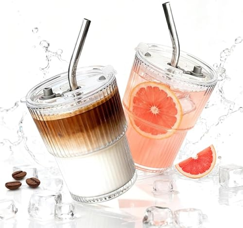 380ml Ribbed Glass Tumblers with Lid and Straw, 2 Pack Iced Coffee Glasses | Clear Reusable Leakproof Tumbler Cup for Smoothies, Latte, Matcha, Beer, Cola, Juice, Soda, Cold Drinks (2)