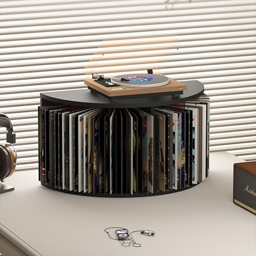 DKPLOE Record Player Stand with Vinyl Record Storage, Large Mid Century Turntable Stand Holds Up to 55 Vinyls Can Accommodate A Record Player On Top Can Store Files Books(Black)