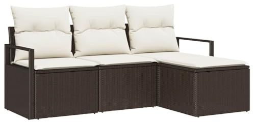QJBSAVVA Lounge Gartenmöbel Set 4-teilig Braun Poly-Rattan Sofa Set mit Kissen Polyrattan Sitzgruppe Balkonmöbel Terrassenmöbel Modulares Outdoorsessel Ecksofa für Garten und Terrasse