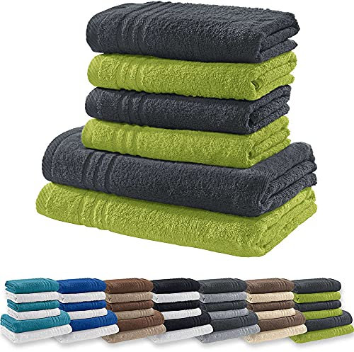 REDBEST Handtuchset, Frottierset New York 2-farbig 6-TLG. hellgrün-anthrazit - leichte, weiche Qualität, saugstark, sehr strapazierfähig, 100% Baumwolle