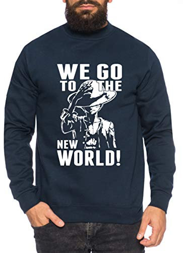 New World Stroh Hut One Manga Herren Sweatshirt Ruffy Anime Piece, Farbe:Dunkelblau, Größe:L