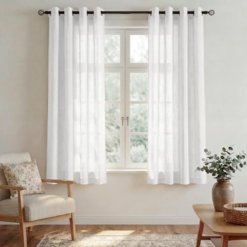 PONY DANCE Leinenoptik Vorhang Halbtransparent Küchengardinen Landhaus | 2er Set, H180 x B132 cm, Luftig, Lichtdurchlässig, Sichtschutz, Modern, Ösenvorhang, Kurz, für Schlafzimmer Wohnzimmer
