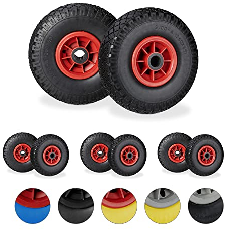 Relaxdays Set di 8 Ruote per Carriola, Pneumatici di Gomma Piena Antipanne, ASSE 25mm, Max.80 kg, 260x85mm, Nero-Rosso