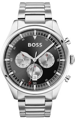 BOSS Herren Chronograph Quarz Uhr 44 mm Pioneer Collection mit Schwarzem Zifferblatt, Silbernem Edelstahlarmband, Datumsfunktion, 3 Hilfszifferblätter, 5ATM Wasserdichtigkeit - 1513712