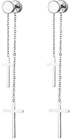 JewelryWe Schmuck Ohrringe Herren Damen Edelstahl Ohrstecker mit doppelt Kreuz Kette Anhänger Fakeplugs Fake Plug Tunnel Ohrringe Ohrhänger Piercing, Schwarz Gold Silber