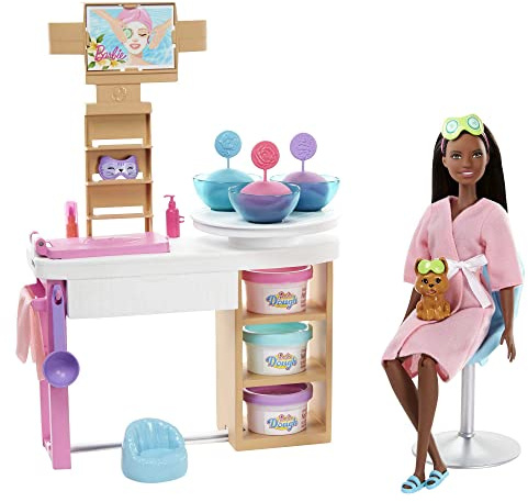 Barbie Bien-être Coffret Journée au Spa avec poupée Brune, Salon de beauté, Figurine Chiot et Plus de 10 Accessoires, Jouet pour Enfant, GJR85