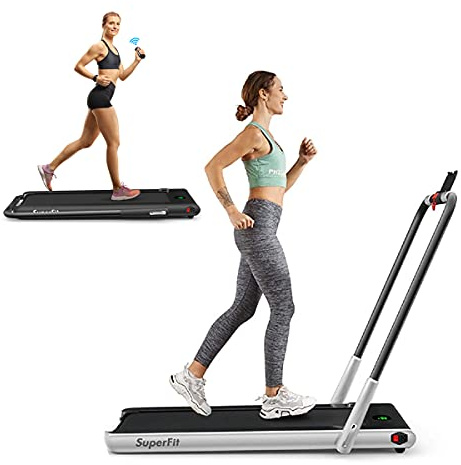RELAX4LIFE Elektrisch Laufband 2-in-1, einstellbares Tempo bis 12 km/h/Zwei Modi/ 560W/ LED-Anzeige/Fernbedienung/Bluetooth/App/Handyhalter/Faltfunktion/ 2 Räder, bis 120 kg belastbar (Silber)