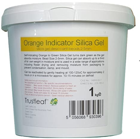 Trustleaf Perles en gel de silice de 2 à 5 mm avec indicateur orange - Pot réutilisable - Déshumidificateur - Séchage de fleurs - Stockage - Pot de 1 kg - OG