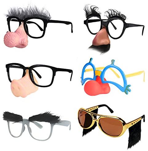 Ocean Line Funny Disguise Glasses, 6 Pairs Novelty Clown Eyewear with Soft Nose for Halloween, Silly Eyebrows Party Favors
