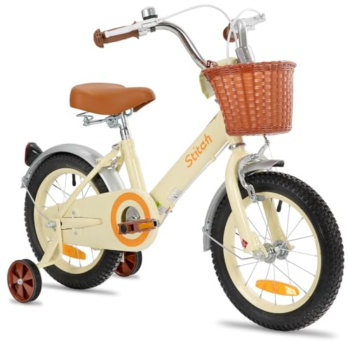 STITCH Bicicleta Infantil 14 Pulgadas Beige para Niñas y Niños de 3, 4, 5 y 6 Años Kids Bike con Cesta Delantera y Ruedas de Apoyo…