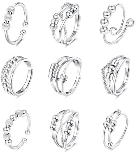 sailimue 9Pcs Anti Anxiety Rings For Women Men Fidget Band Rings Set For Anxiety Unisex Adjustable Stacking Spinner Worry Stress Relief Ring With Beads
