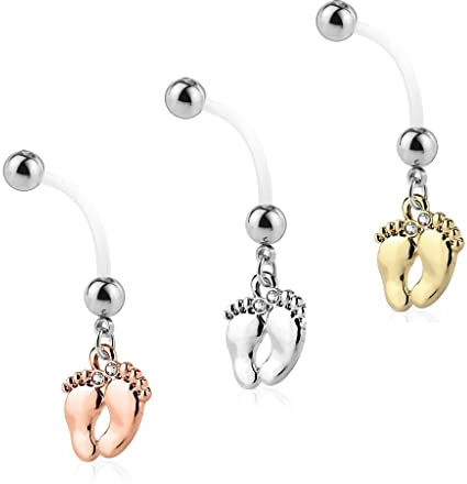 Paula & Fritz® Bauch-Nabelpiercing Schwangerschafts-Piercing Baby-Füße Set Zirkonia Bio Flexibler Stab 25-mm Nabel-Piercing Girl Boy