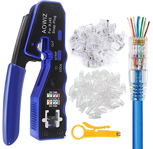 AOWIZ RJ45 Crimp Tool - Black - 50 PCS RJ45 Cat6 Connectors, Protection Covers, Mini Wire Stripper - Crimping Tool