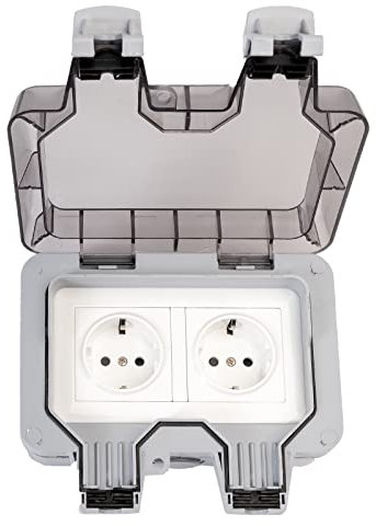 Grafner Außensteckdose IP66, wasserdicht staubdicht, 2-Fach, mit Klappdeckel und Klemmdichtungen, 3600 Watt, Doppelsteckdose Aufputz Steckdose Feuchtraum Garten Doppelsteckdose wetterfest