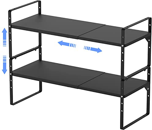 ARCCI Expandable Kitchen Cabinet Shelf Organizers 2 Pack, Stackable Metal Pantry Storage Shelves Rack, Adjustable Counter Shelf for Cabinets, Countertop, Cupboard Organizers and Storage, Black
