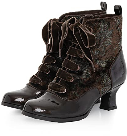 Ruby Shoo Beth Schnürschuh viktorianischer Stiefel mit mittelhohem Absatz und lila/schwarzen Schnürsenkeln, Größe 36-42, bronze, 37 EU