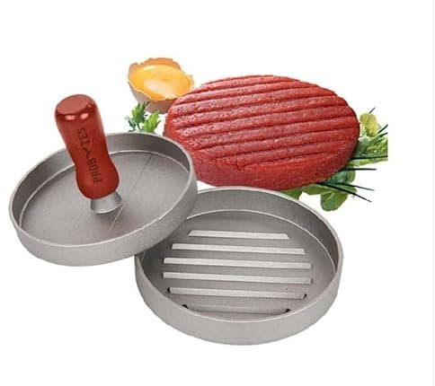 Burger Press Manual Non-Stick Aluminium Hamburger Patty Maker Mould Wooden Handle Non-Slip Grip Perfect Round Shape Patties BBQ Stuffed Veggie Beef Burgers Dishwasher Safe Easy to Clean Kitchen Tool