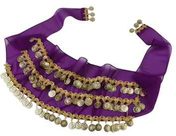 Generic Women's Purple Wavy Belly Dance Hip Scarf Skirt Belt with 128 Gold Coins (One Size, Length: 134 cm)
