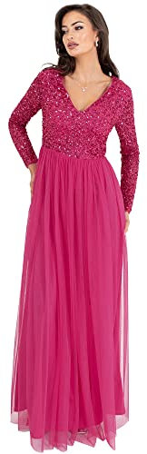 Maya Deluxe Womens Ladies Dress Sleeve for Wedding Guest V Neck High Empire Waist Maxi Long Length Evening Bridesmaid Prom Vestiti, Fuschia, 42 da Donna