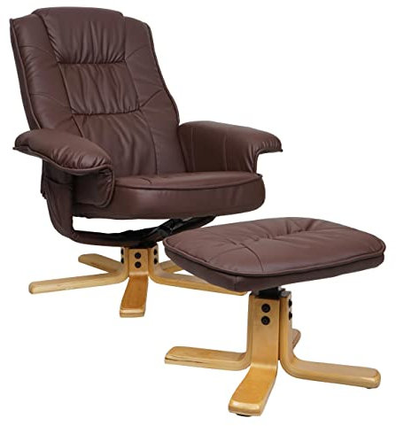 Mendler Relaxsessel M56, Fernsehsessel TV-Sessel mit Hocker Ottomane, Kunstleder Eukalyptus Holz FSC®-Zertifiziert - rot-braun