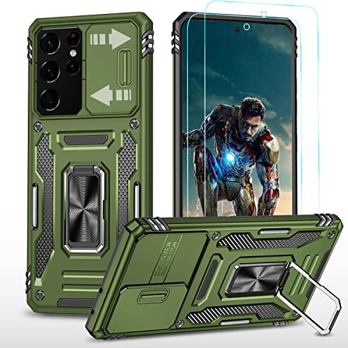 YmhxcY Hülle Für Samsung Galaxy S21 Ultra Hülle,*2 Displayschutzfolie,Slide Camera Cover, Militär Grade Schutzhülle, 360°Drehen Metallständer,Für Samsung Galaxy S21 Ultra Hülle-Olivgrün