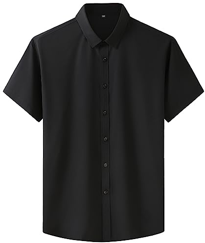 Chemise business en soie glacée anti-rides - Séchage rapide - Solide - Manches courtes - Décontractée - Pour l'été, Noir , XL