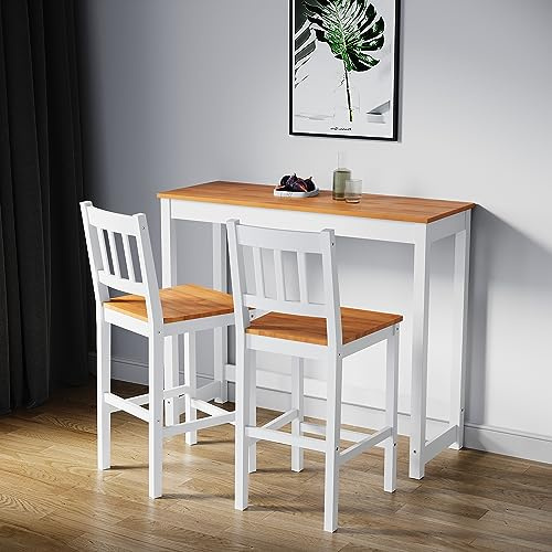 ELEGANT Solid Pine Wood 3 Piece Dining Table Set Furniture, Bar Table and 2 Stools Set, Bistro, Breakfast Kitchen, Dining Room available, Honey White