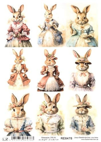 Josys Bastelmärchen Reispapier A4 Strohseide Decoupage Ostern Hase Häsin Vintage Kleid Anzug RE6478