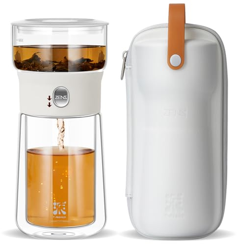 ZENS Moderne Teekanne, Glas-Teekanne mit Teesieb für losen Tee-Diffusoren mit One-Touch-Ausgießen, cooler tragbarer Teebereiter mit isolierter Teetasse und Reise-Teesets für Teeliebhaber Geschenke