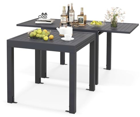 KOMFOTTEU Gartentisch ausziehbar für 4-6 Personen, Esstisch verstellbar von 80-160 cm, Terrassentisch wetterfest mit Aluminiumrahmen, Ausziehtisch Bistrotisch für Hof, Garten, Pool (Dunkelgrau)