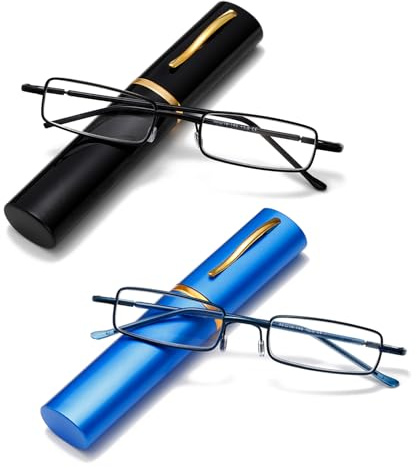 Viseng 2er Pack Mini Metall Lesebrille Schmale Ultraleichte Anti Blaulicht Lesebrille mit MetallEtui Stiftetui für Damen Herren 1.0