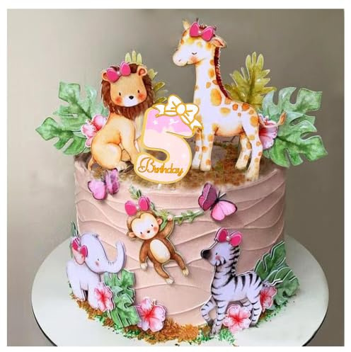 22 Stk Tortendeko Kinder 5 Jahren, Geburtstag, Cake Topper Zoo TortenDeko Wald Tiere Kuchendeko Tiere Happy Birthday, Safari Zoo Dschungel Torten-deko, Torten Deko für 5 Jahr Mädchen Junge