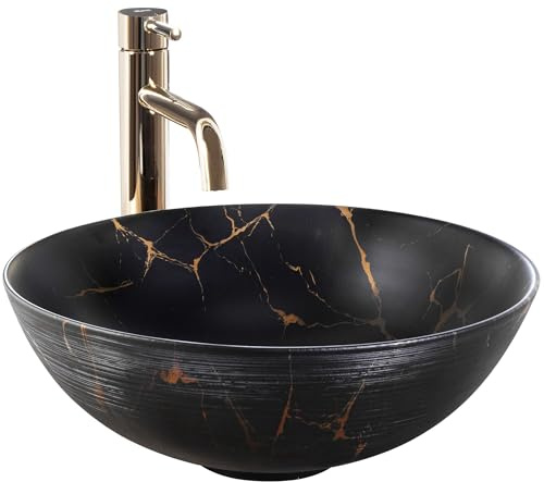 Rea Aufsatzwaschbecken Nadia Black Marble Brush, Waschtisch Handwaschbecken Bad Waschschale Waschbecken für Badezimmer, 355x355x135 mm, Keramik (Stein imitiert)