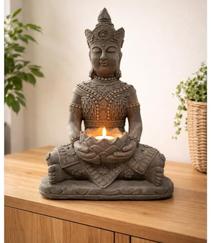 K&L Wall Art Buddha Figur Steinoptik Sitzende Buddhastatue Feng Shui Deko Fensterbank Dekofigur Kunststein (mit Teelicht Schale, 41x30x45 cm)