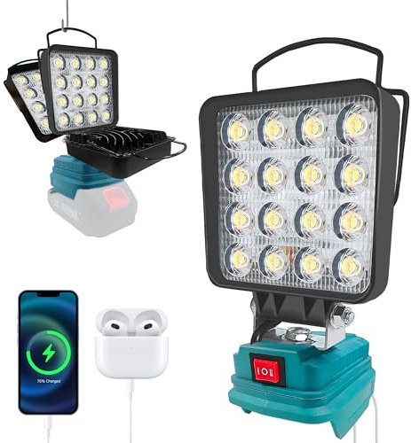 Battery Lamp for Makita 18 V, 48 W 4800 LM Wireless Work Light, 2 Modes LED Battery Spotlight with 2 USB Charging, Portable Floodlight for Emergencies, Construction Site, Camping, Car Repairs (No