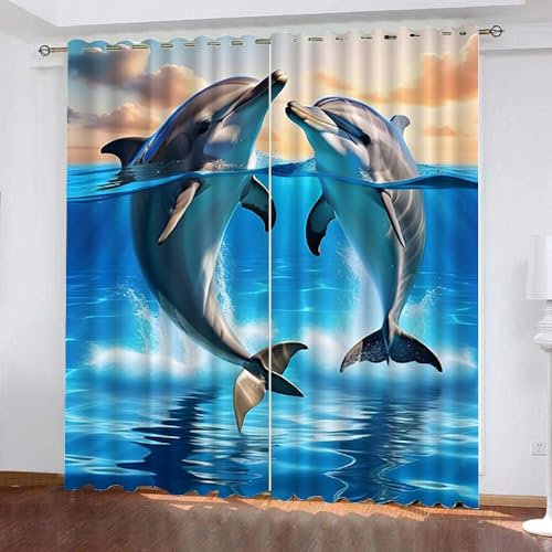 Generisch Delfin Gardinen 2 Stück H 160Cm X B 70Cm, Tiere Vorhang Blickdicht Ösen Kurz,Verdunklungsvorhänge Kinderzimmer Mädchen Jungen,Kinder Vorhang Verdunkelung Für Schlafzimmer,A1