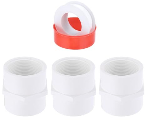 sourcing map 3 Pcs 1-1/2 PVC Female Adapter Pipe Fitting Fit for SCH40 Slip Coupling Female to Female Threaded Pipe Coupling Connector with Sealing Tape, Socket x NPT Female, White