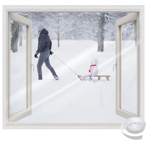 Transparentes Kunststofffenster zum Winterfestmachen,165x190cm Weiß Mehrfunktionale Folien mit Klettband,Thermisches Winter-Fensterdichtungsset zum Winterfestmachen