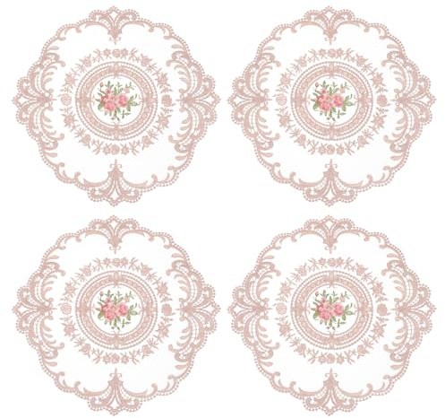 sourcing map 4 Stück Retro-Spitzen-Tischsets, französische Häkeldeckchen, rund, bestickt, hohl, Tasse, Vase, Tischmatte für Esstisch, Küche, Party, 28 x 28 cm, Rosa