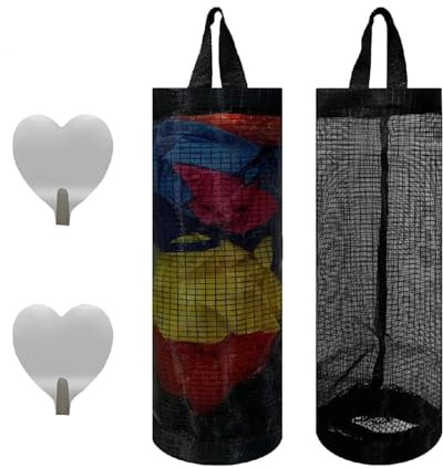 OONOYWOO Plastic Bag Holder Pack of 2 Black Grocery Bag Holder with 2 Hooks Foldable Mesh Hanging Storage Bag Dispenser Plastic Bag Dispenser for Home Kitchen Garbage Bag Storage
