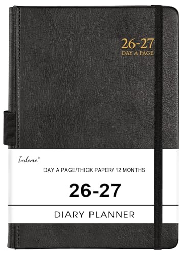 Indeme Academic Diary 2026-2027 - Diary 2026-2027 Day Per Page, A5 Page a Day August 2026 - July 2027 with Pen Loop, 180° Flat out, Monthly Stickers