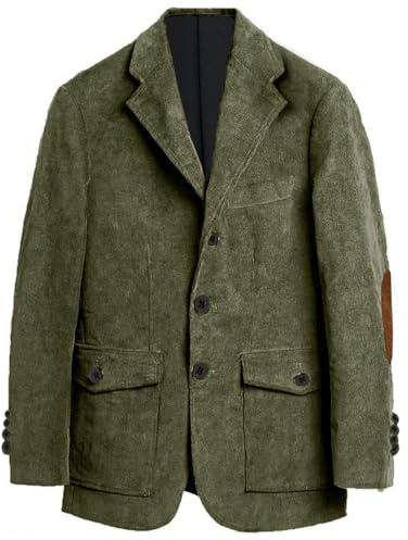 Mens Corduroy Blazer with Elbow Patch Single Breasted Notch Lapel Casual Jacket for Spring Autumn Army Green L