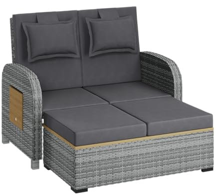 STEELSØN Polyrattan Sonnenliege Caelum, Gartenliege mit 5-Fach Verstellbarer Rückenlehne & ausklappbarer Seitenablage,Gartensofa mit Hocker für Garten, Loungebett, Doppelliege mit Auflage grau